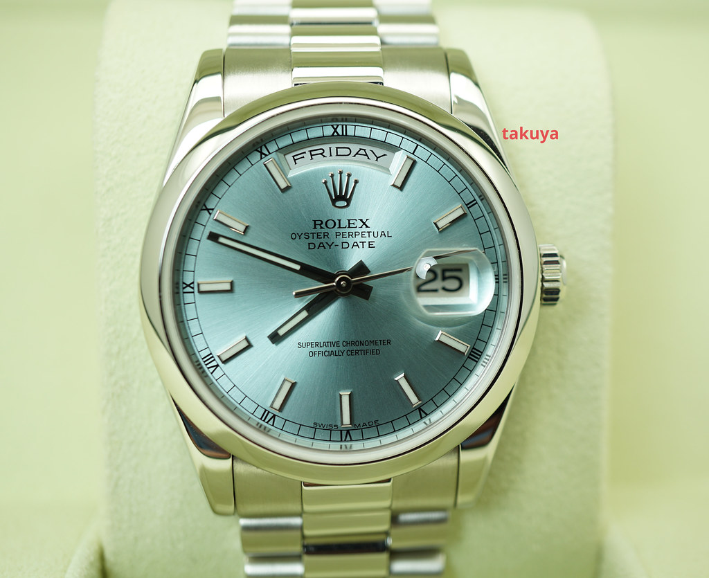 Rolex 118206 PLATINUM DAY DATE PRESIDENT ICE BLUE STICK DIAL 36MM FULL ...