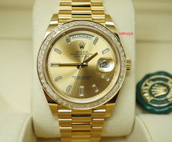 BRAND NEW Rolex 228398TBR DAY DATE 40 YELLOW GOLD BAGUETTE DIAMOND BEZEL DIAL 2021 FULL SET