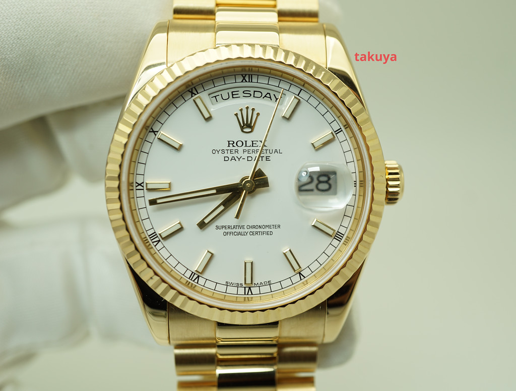 Rolex 118238 DAY-DATE PRESIDENT 18K YELLOW GOLD 36MM WHITE STICK DIAL F ...