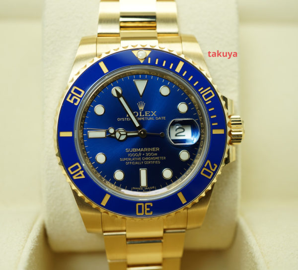 Rolex 116618LB SUBMARINER YELLOW GOLD SUNBURST BLUE DIAL 2020 WARRANTY FULL SET