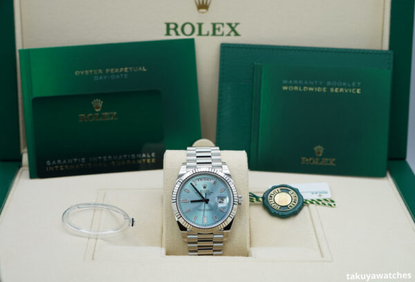 BRAND NEW Rolex 228236 DAY DATE PLATINUM FLUTED BEZEL ICE BLUE BAGUETTE DIAMOND DIAL 2023 FULL SET - Image 2