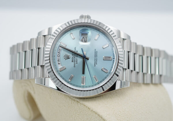 BRAND NEW Rolex 228236 DAY DATE PLATINUM FLUTED BEZEL ICE BLUE BAGUETTE DIAMOND DIAL 2023 FULL SET - Image 10