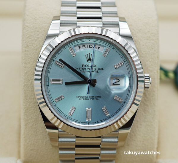 BRAND NEW Rolex 228236 DAY DATE PLATINUM FLUTED BEZEL ICE BLUE BAGUETTE DIAMOND DIAL 2023 FULL SET