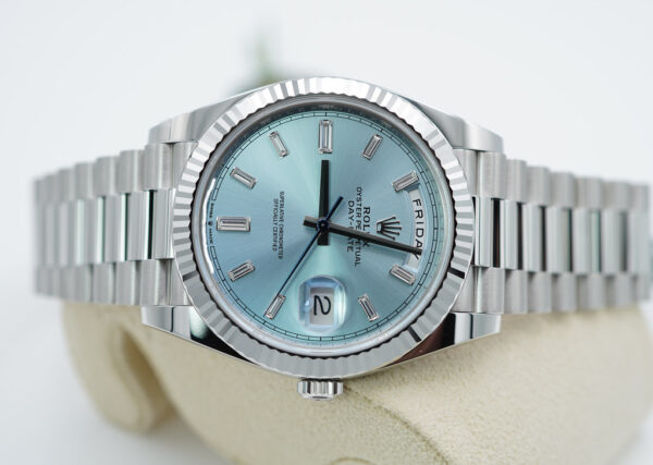 BRAND NEW Rolex 228236 DAY DATE PLATINUM FLUTED BEZEL ICE BLUE BAGUETTE DIAMOND DIAL 2023 FULL SET - Image 9