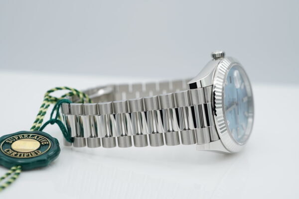 BRAND NEW Rolex 228236 DAY DATE PLATINUM FLUTED BEZEL ICE BLUE BAGUETTE DIAMOND DIAL 2023 FULL SET - Image 6