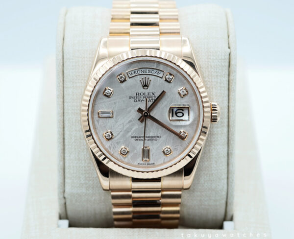 Rolex 118235 DAY DATE PRESIDENT 36 ROSE GOLD METEORITE DIAMOND DIAL BOX PAPERS