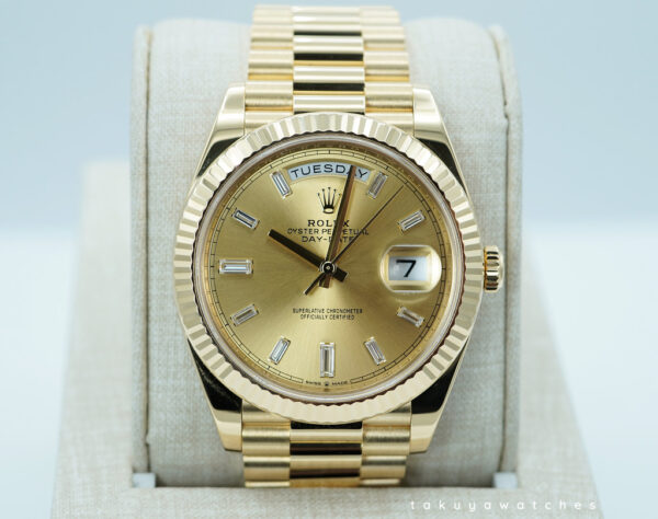 Rolex 228238 DAY DATE 40 18K YELLOW GOLD CHAMPAGNE BAGUETTE DIAMOND DIAL 2022 FULL SET