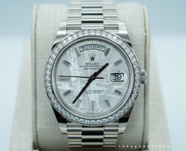 NEW Rolex 228349RBR DAY DATE WHITE GOLD DIAMOND BEZEL METEORITE BAGUETTE DIAL FULL SET