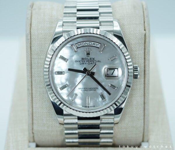 Rolex 128236 DAY DATE 36 PLATINUM WHITE MOP BAGUETTE DIAMOND DIAL 2024 FULL SET