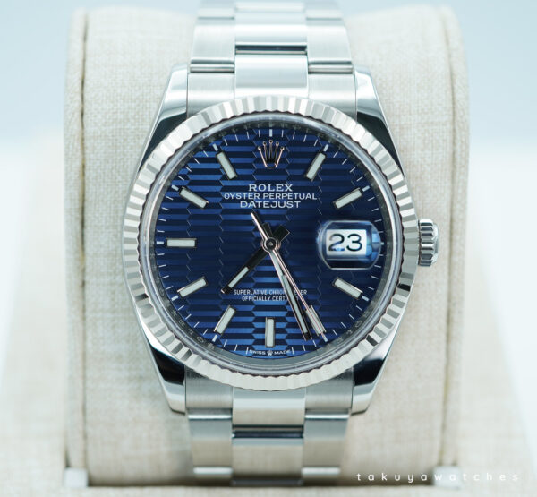 Rolex 126234 DATEJUST 36 FLUTED BEZEL BLUE MOTIF DIAL 2021 WARRANTY FULL SET