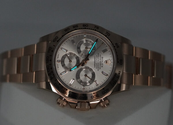 Rolex 116505 DAYTONA 18K ROSE GOLD SUNDUST BAGUETTE DIAMOND DIAL 2022 FULL SET - Image 11